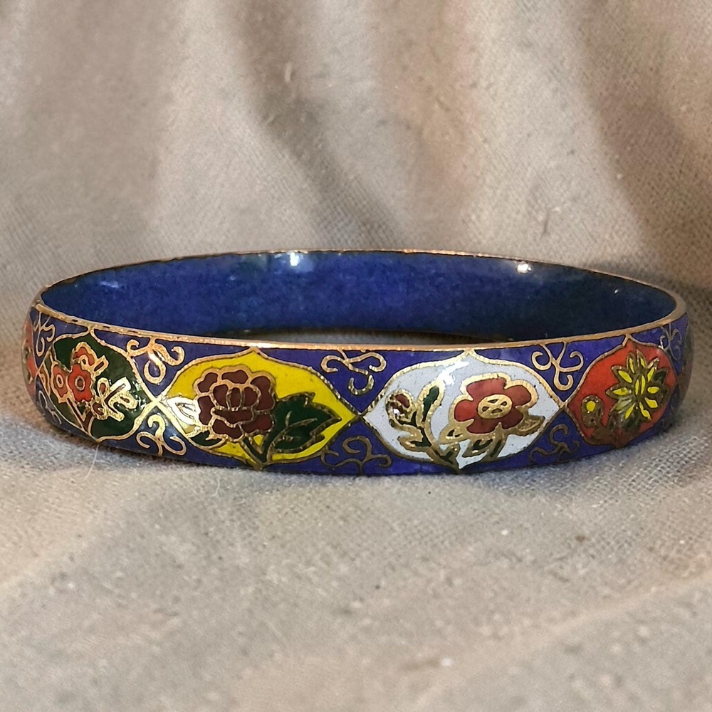 Vintage Cobalt Blue Cloisonné Floral‎ Enamel Bangle Bracelet